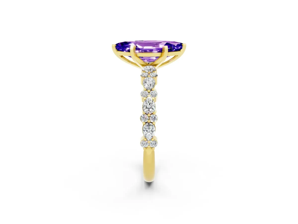 Marquise Cut Tanzanite Side Stone Solitaire Ring with Round and Four-Prong Setting Yellow gold