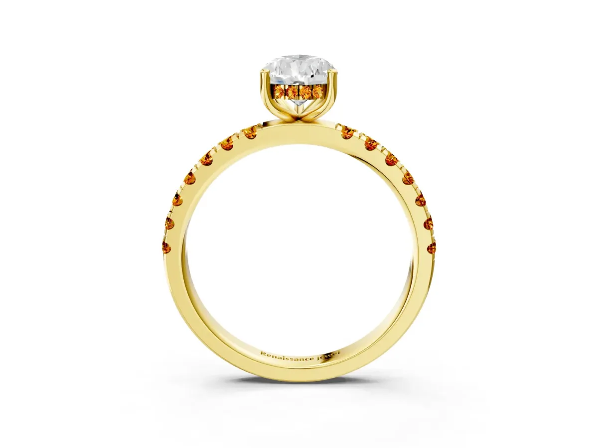 Pear Cut Diamond Pave Band Solitaire Ring with Round Citrine and Prong Setting Yellow gold