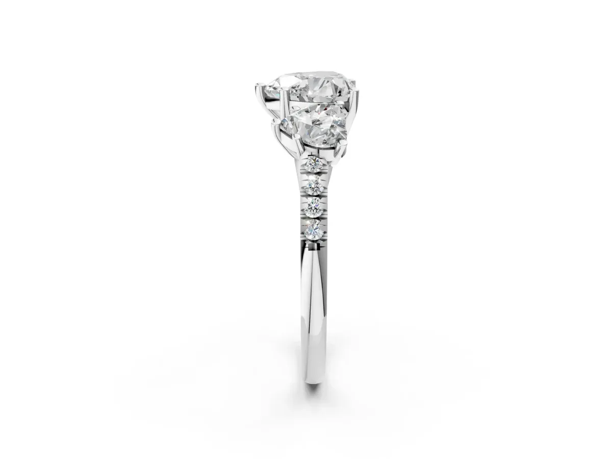 Three-Stone Heart Cut Diamond Ring with Round Moissanite Pavé Band and Prong Setting Silver