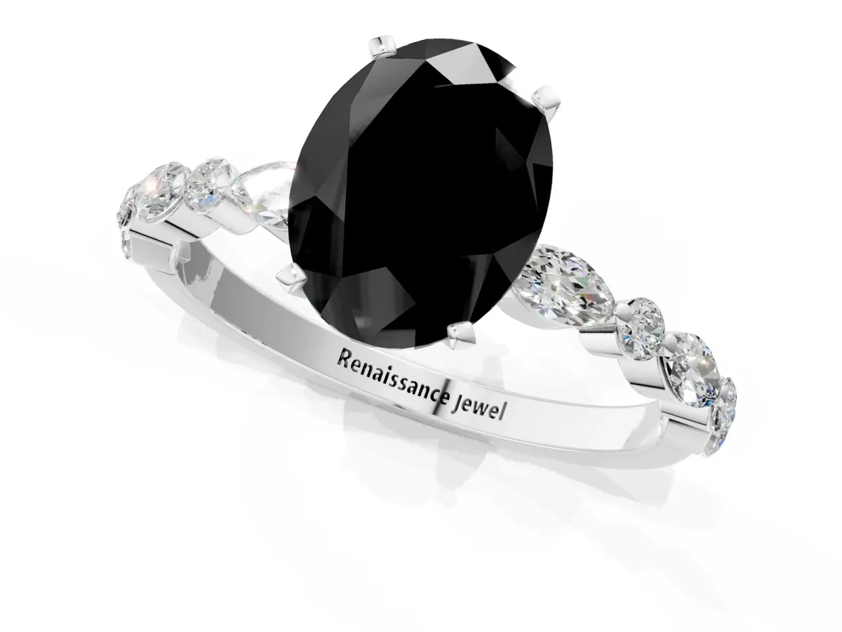 Fancy Black Oval Cut Diamond Ring with Marquise and Round Side Stones and Four-Prong Setting Platinum
