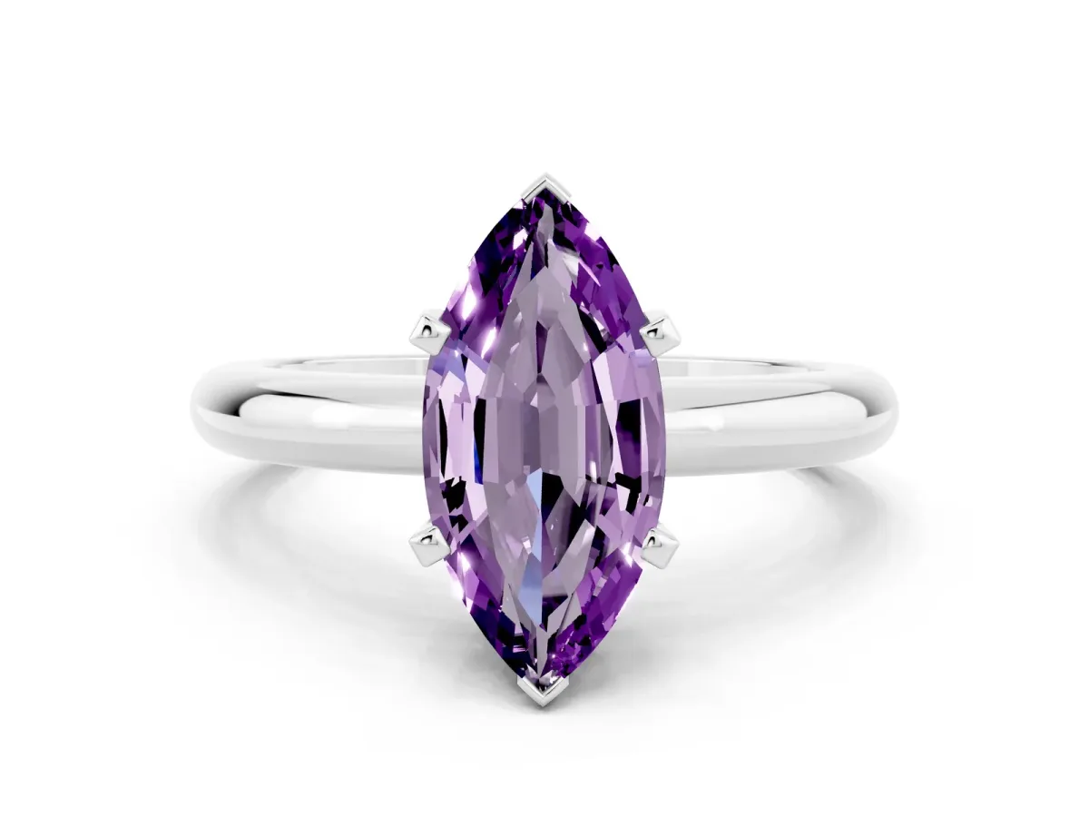 Marquise Cut Amethyst Solitaire Engagement Ring with Round Band and Four-Prong Setting Silver
