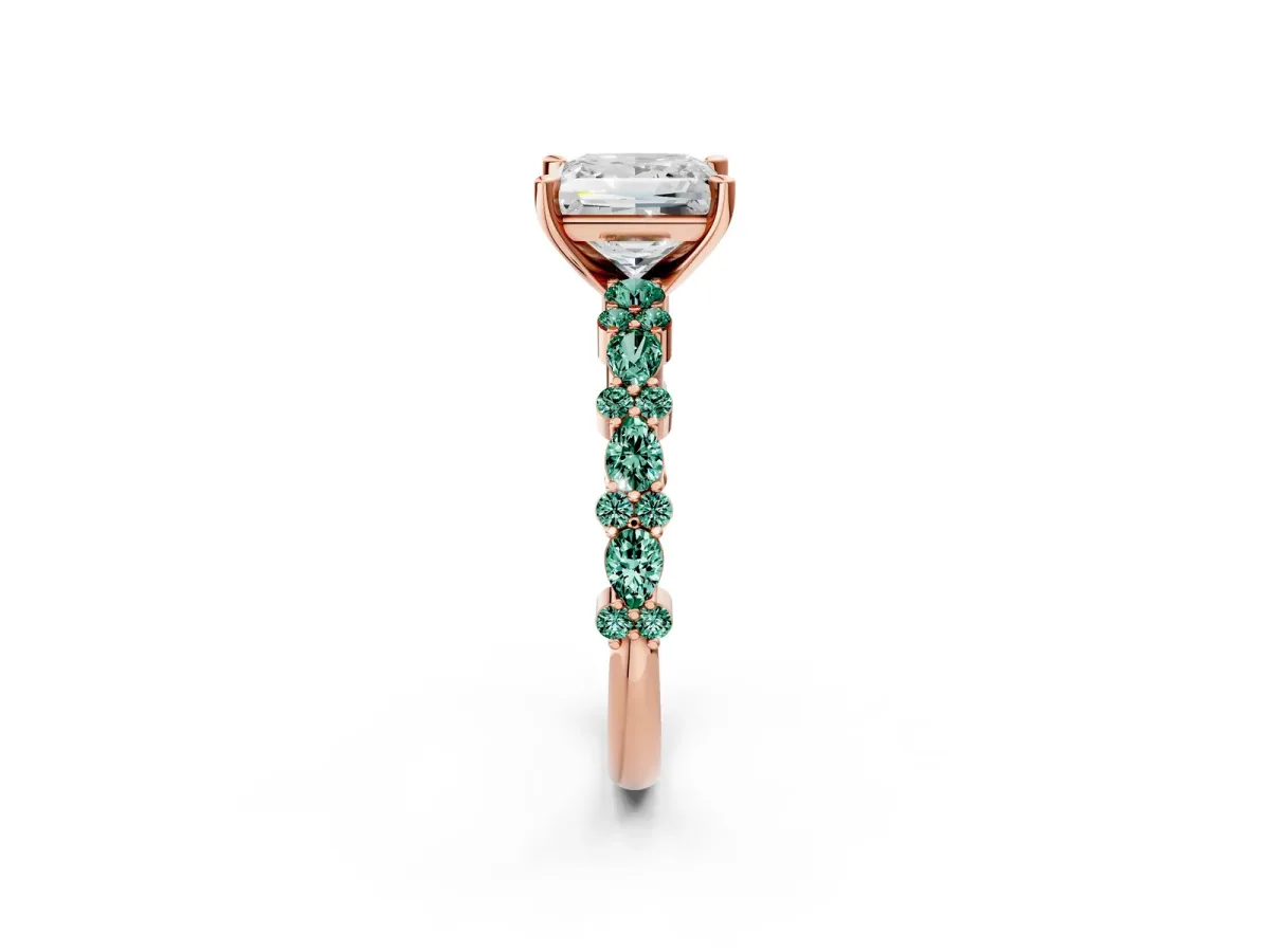 Princess Cut Diamond Side Stone Solitaire Ring with Round Green Sapphire and Four-Prong Setting Rose gold