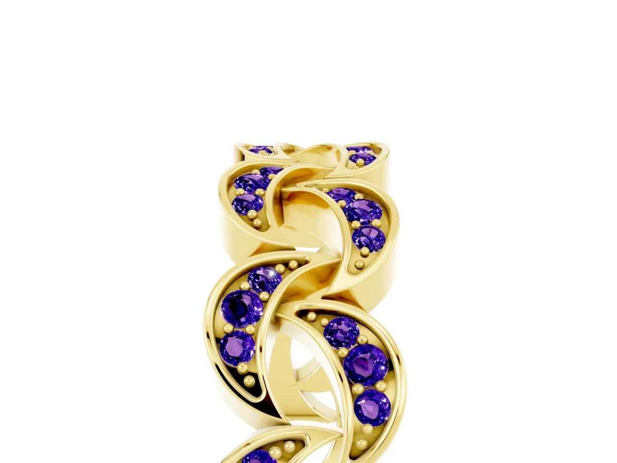Pavé Round Tanzanite Interlocking Eternity Band with Bezel Prong Setting Yellow gold
