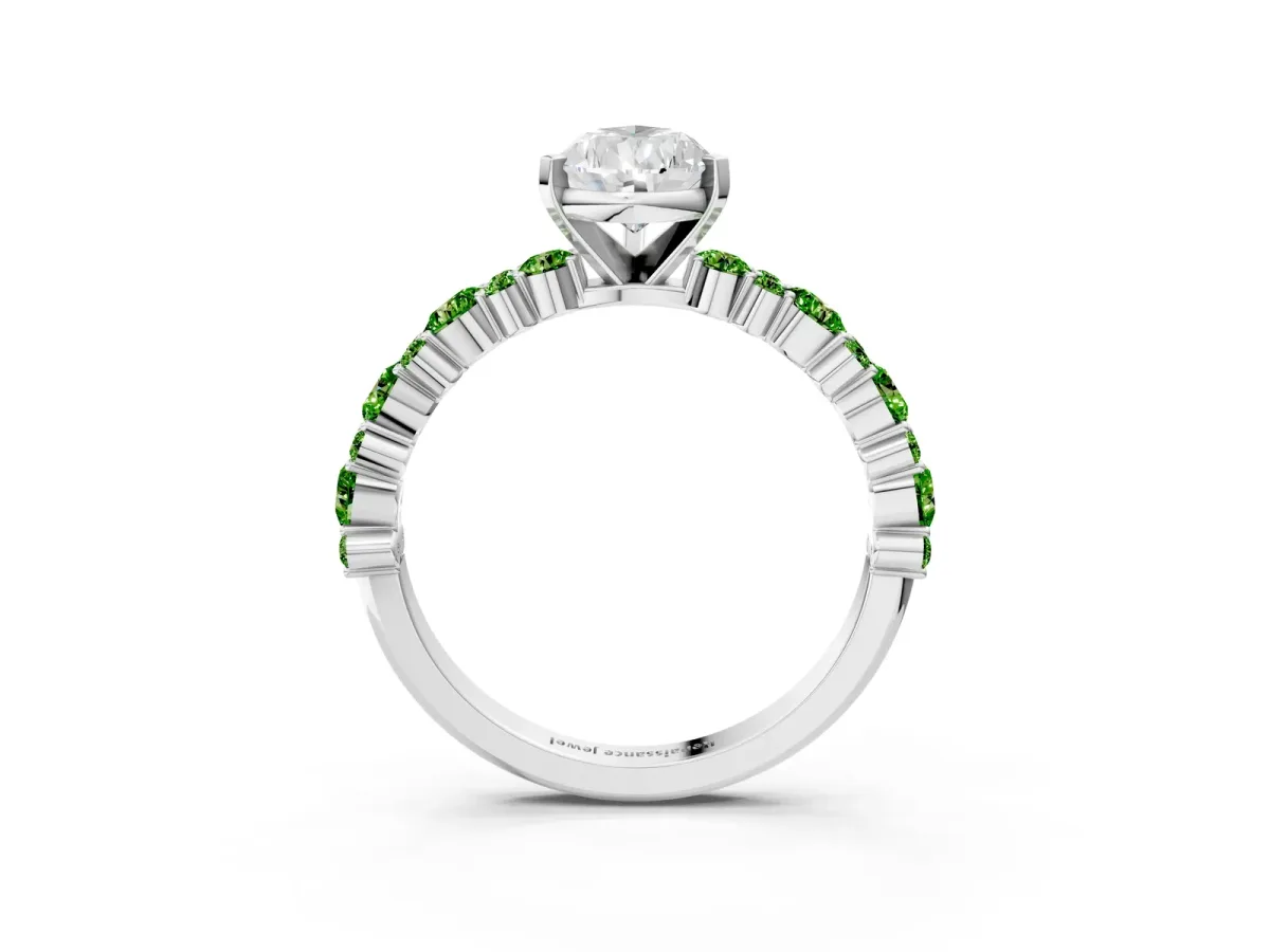 Pear Cut Diamond Side Stone Solitaire Ring with Round Peridot and Four-Prong Setting Platinum