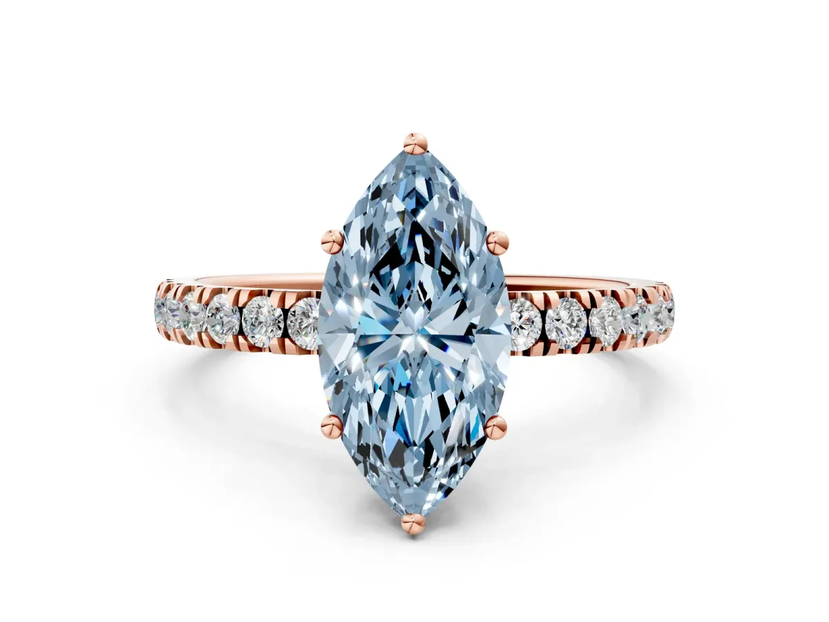 Fancy Blue Marquise Cut Diamond Pave Band Solitaire Ring with Round and Prong Setting Rose gold