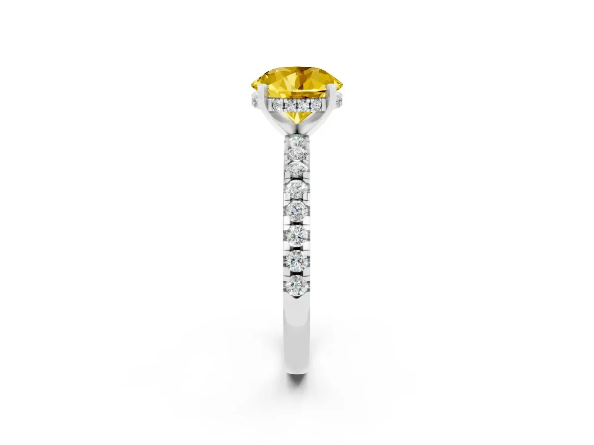 Round Cut Yellow Sapphire Solitaire Ring with Round Pavé Band and Four-Prong Setting Platinum
