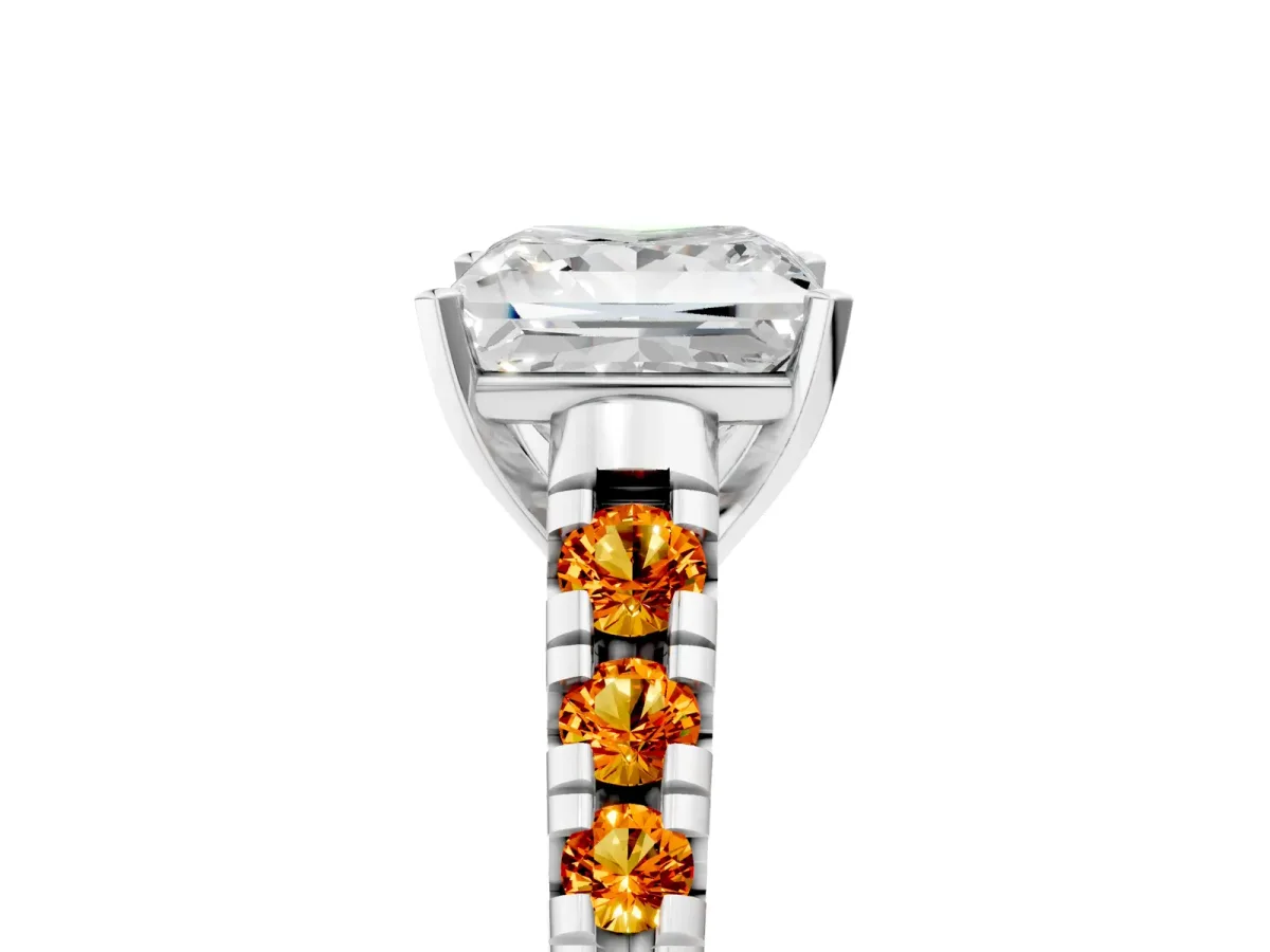 Princess Cut Diamond Cathedral Solitaire Ring with Round Citrine Pavé Band Silver