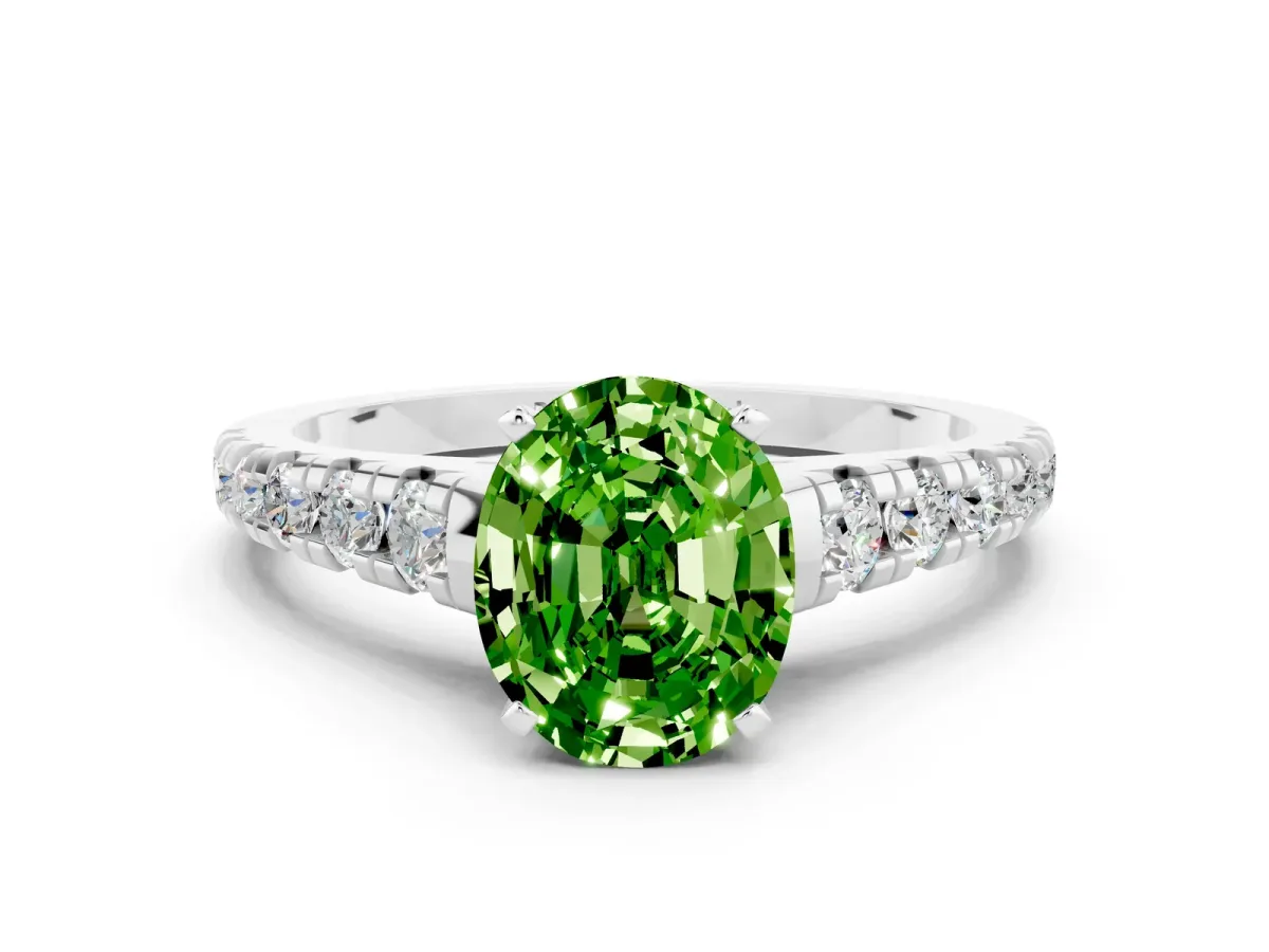 Oval Cut Peridot Cathedral Solitaire Ring with Round Pavé Band Platinum