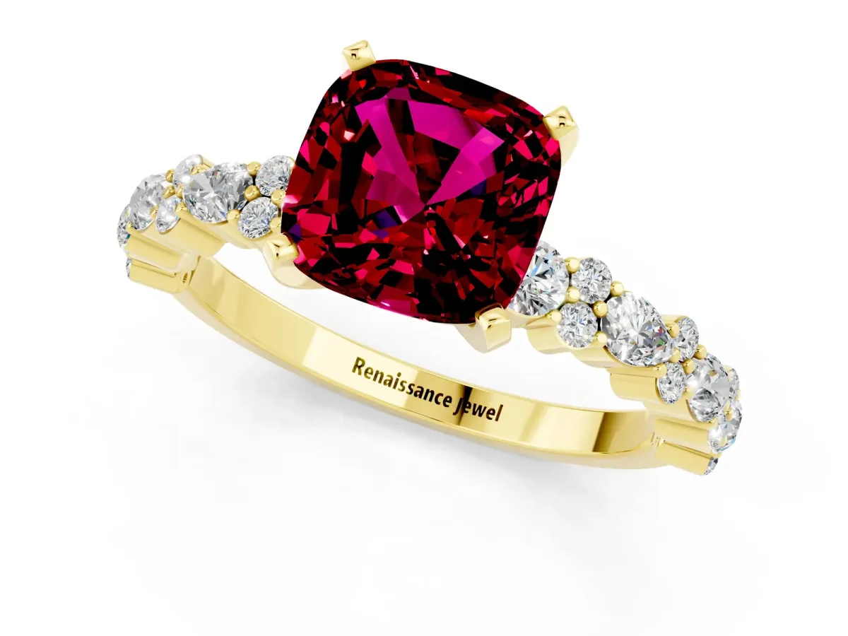 Cushion Cut Garnet Side Stone Solitaire Ring with Round and Four-Prong Setting Yellow gold