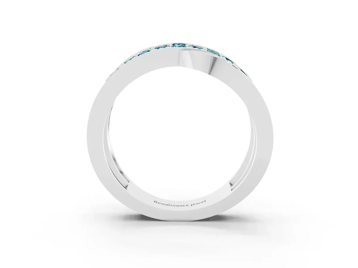 Pavé Round Blue Topaz Crossover Band with Bead Prong Setting Silver