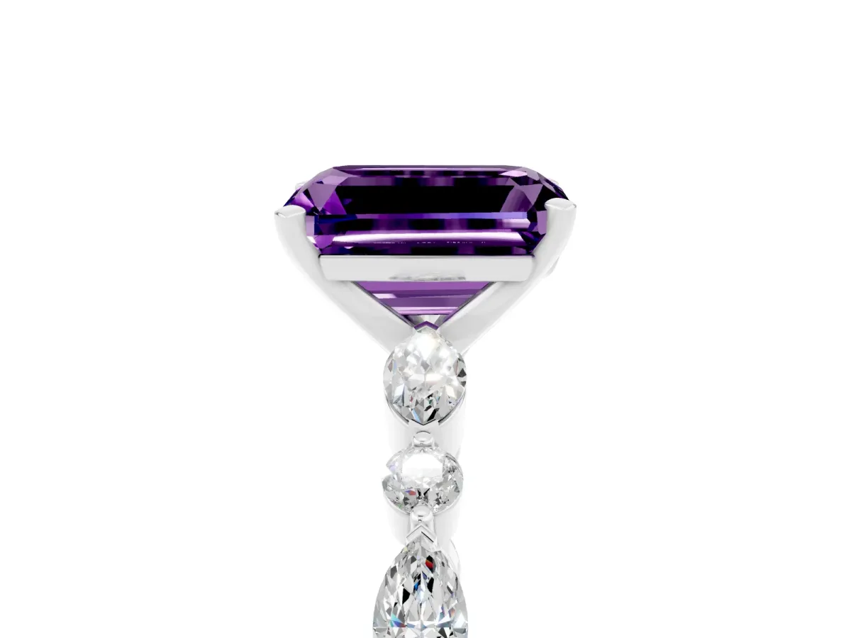 Emerald Cut Amethyst Ring with Marquise and Round Side Stones and Four-Prong Setting White gold