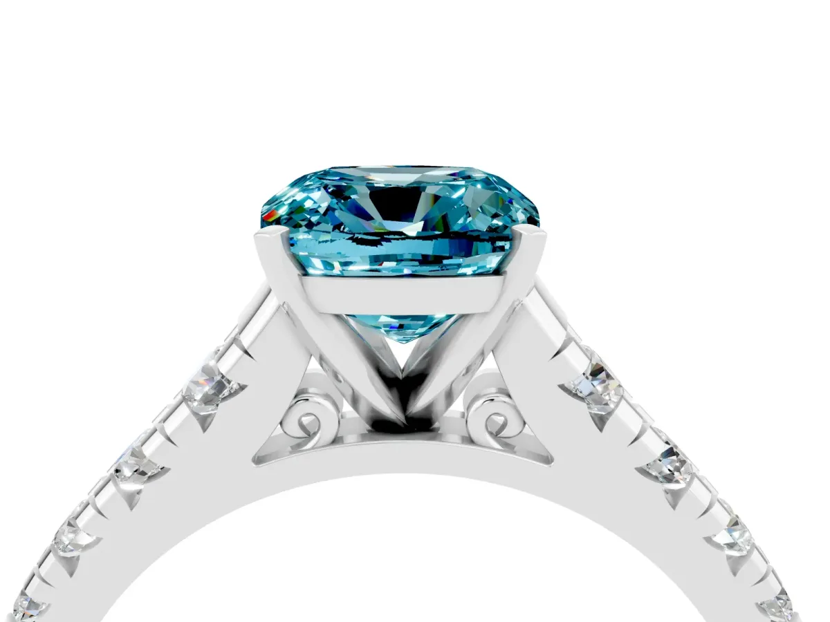 Cushion Cut Blue Topaz Cathedral Solitaire Ring with Round Pavé Band Platinum