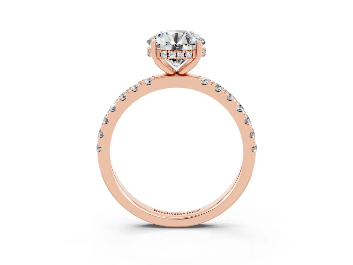 Round Cut Moissanite Pave Band Solitaire Ring with Round and Prong Setting Rose gold