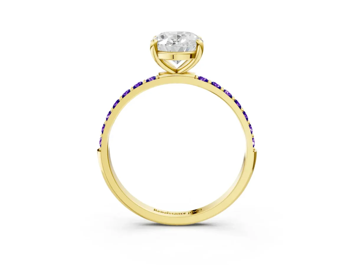 Oval Cut Diamond Solitaire Ring with Round Tanzanite Pavé Band and Prong Setting Yellow gold