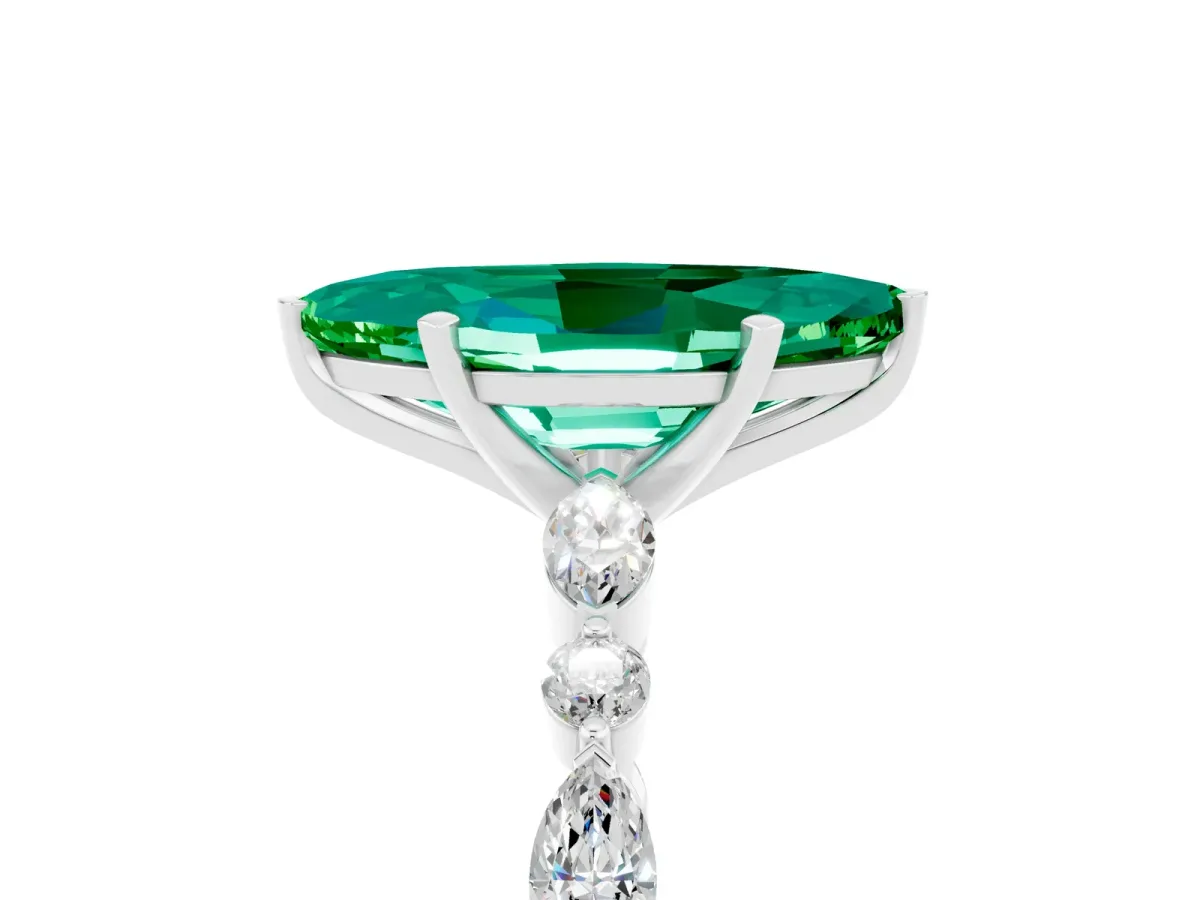 Marquise Cut Emerald Ring with Marquise and Round Side Stones and Four-Prong Setting Platinum