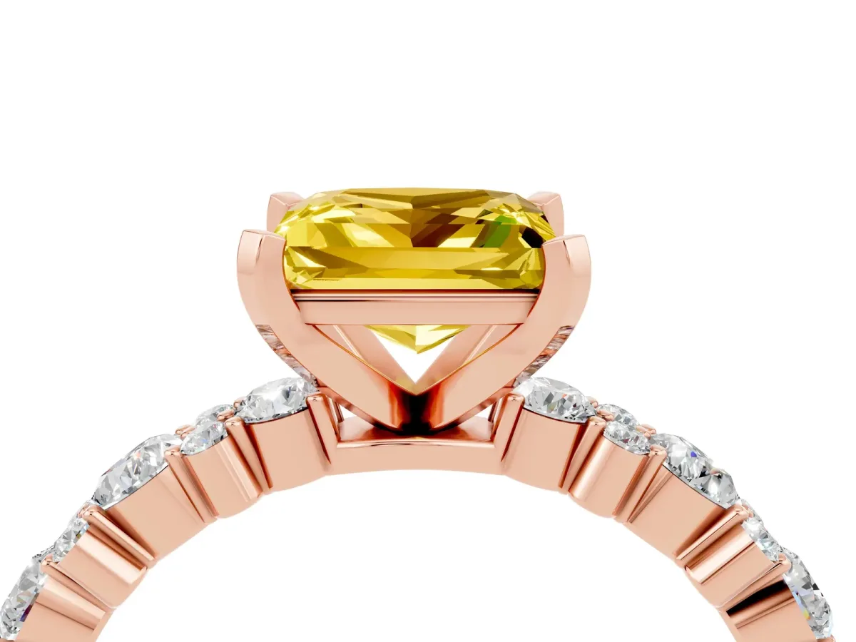 Princess Cut Yellow Sapphire Side Stone Solitaire Ring with Round and Four-Prong Setting Rose gold