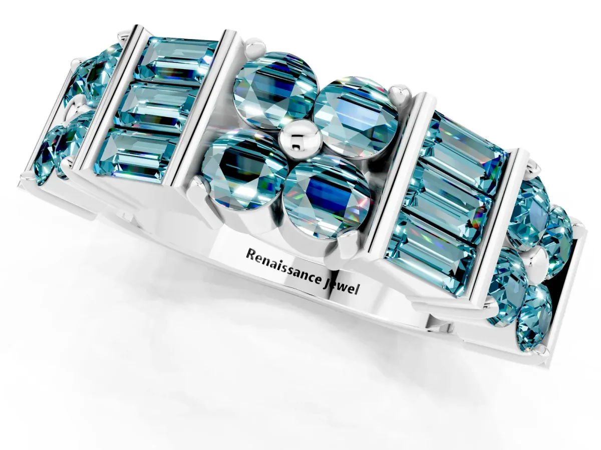 Channel Set Round and Baguette Blue Topaz Anniversary Band with Prong Setting Silver