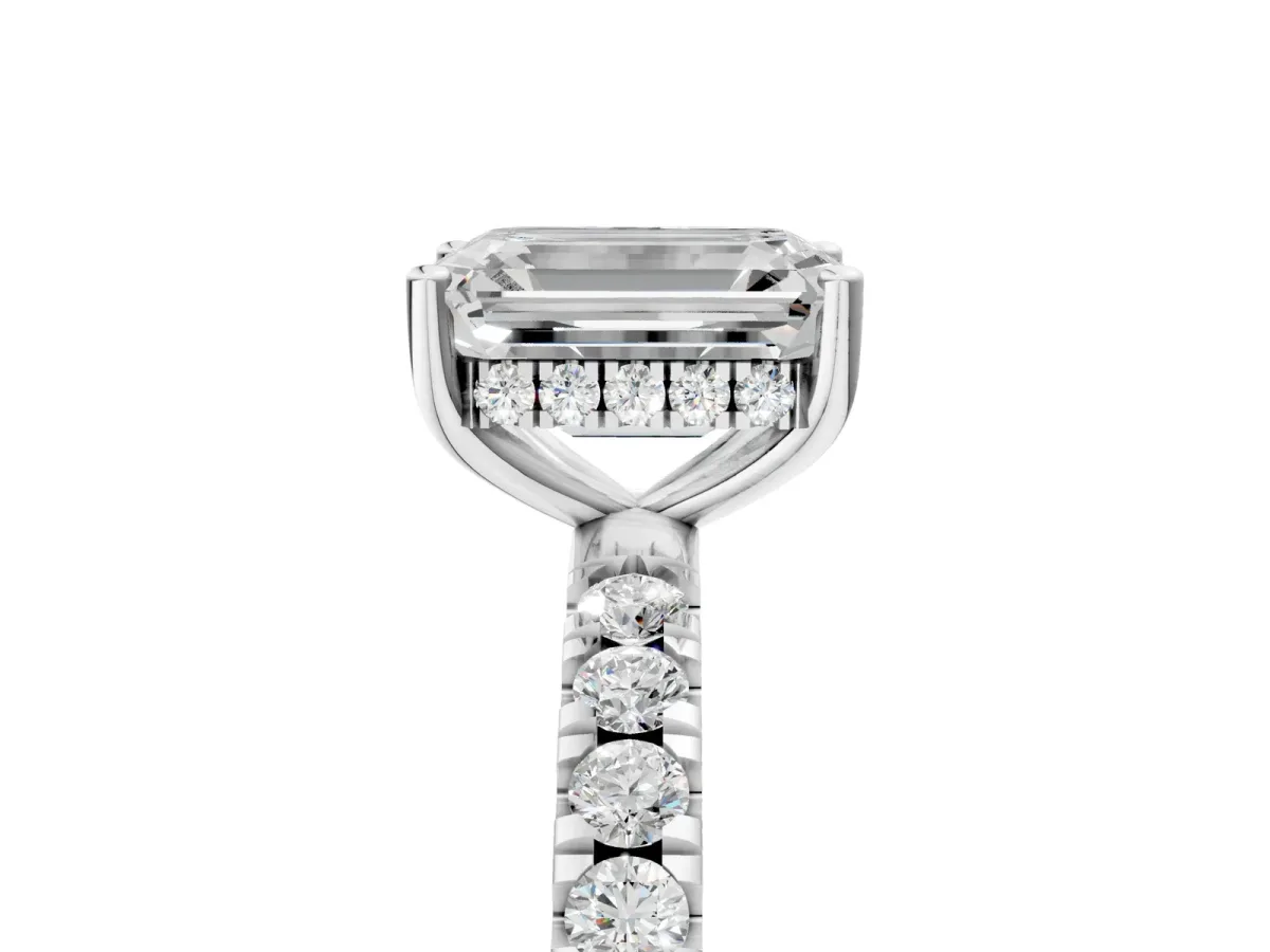 Emerald Cut Diamond Pave Band Solitaire Ring with Round Moissanite and Prong Setting White gold