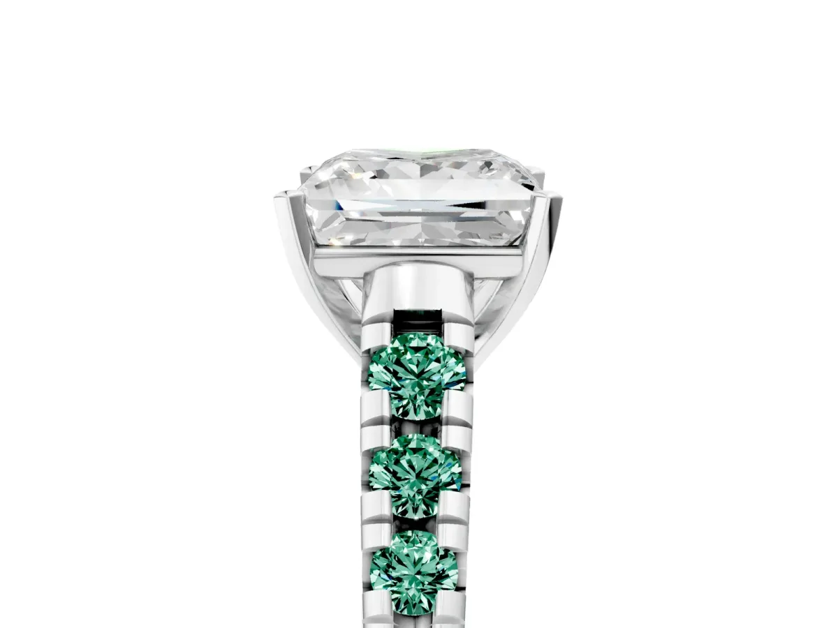 Princess Cut Diamond Cathedral Solitaire Ring with Round Green Sapphire Pavé Band Silver
