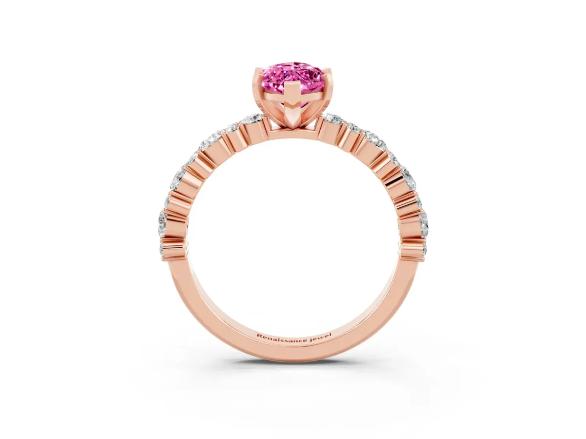 Marquise Cut Pink Sapphire Side Stone Solitaire Ring with Round and Four-Prong Setting Rose gold