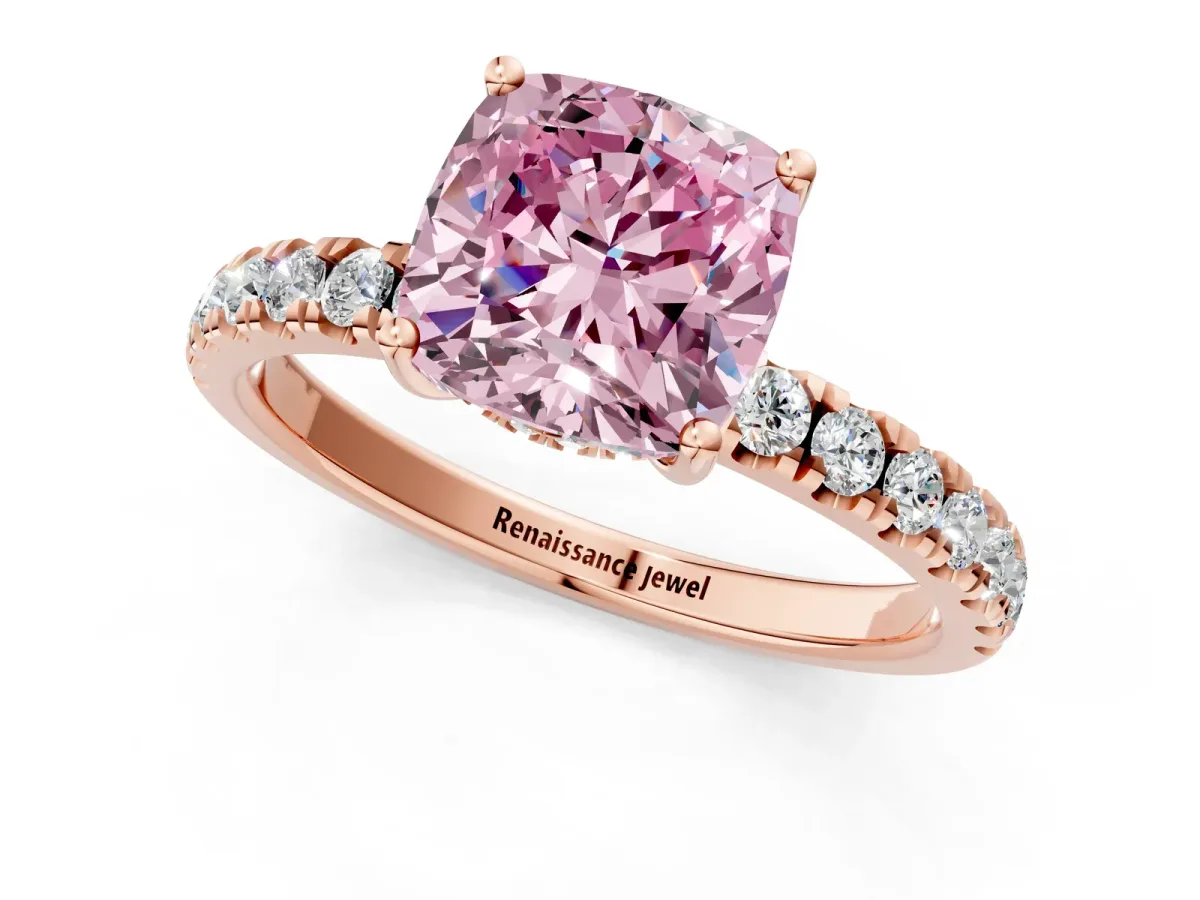 Fancy Pink Cushion Cut Diamond Pave Band Solitaire Ring with Round and Prong Setting Rose gold