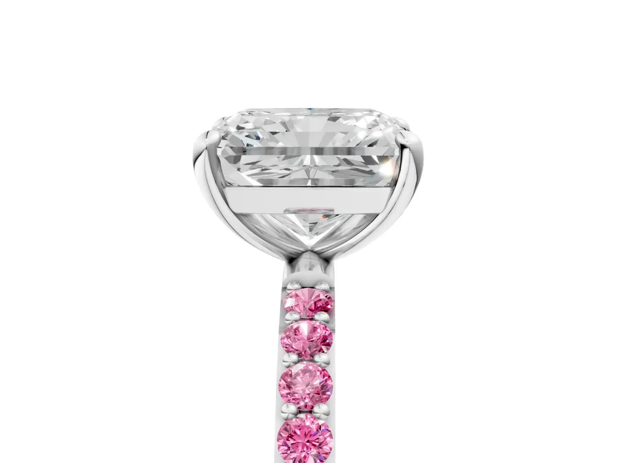 Radiant Cut Diamond Solitaire Ring with Round Pink Sapphire Pavé Band and Prong Setting Silver