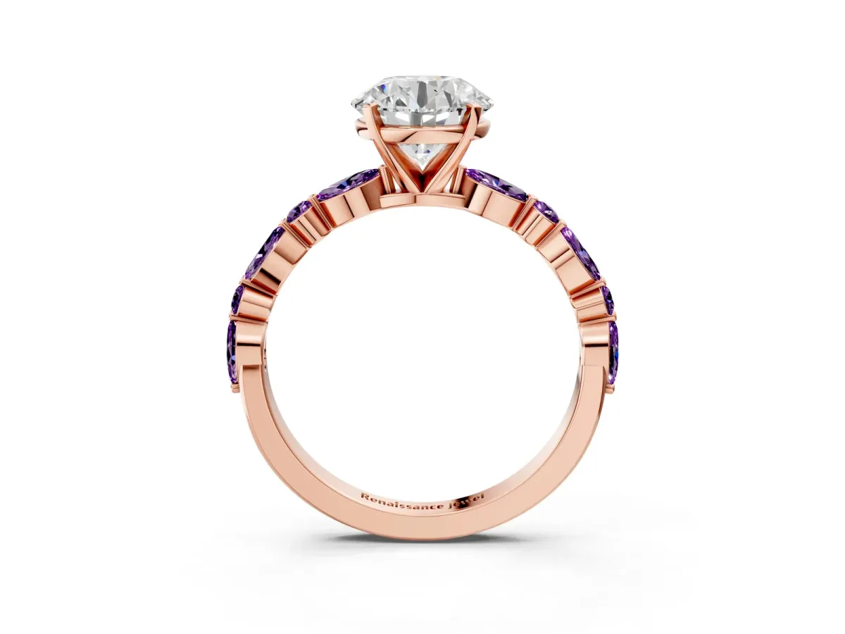 Round Cut Diamond Ring with Marquise and Round Amethyst Side Stones and Four-Prong Setting Rose gold