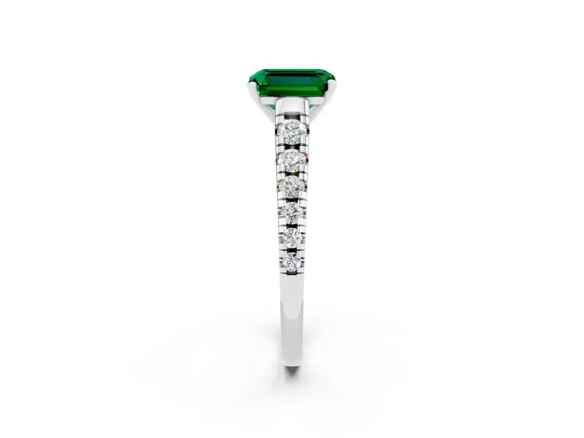 Emerald Cut Emerald Cathedral Solitaire Ring with Round Pavé Band Platinum