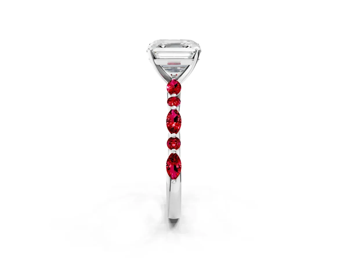 Asscher Cut Diamond Ring with Marquise and Round Ruby Side Stones and Four-Prong Setting Silver
