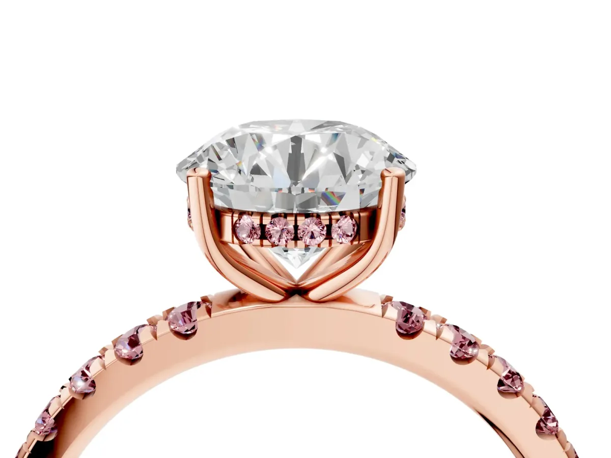 Round Cut Diamond Pave Band Solitaire Ring with Round Morganite and Prong Setting Rose gold