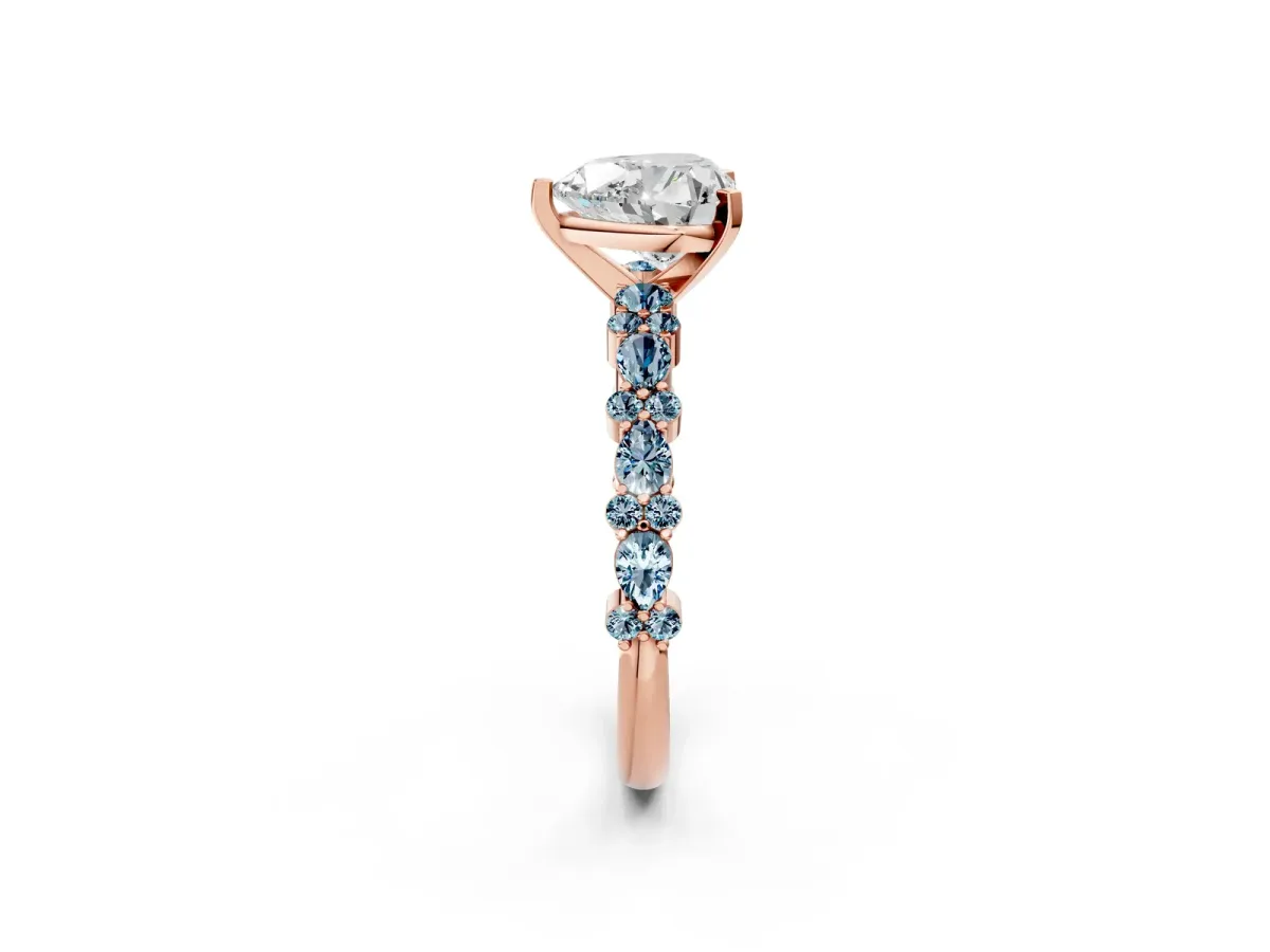 Heart Cut Diamond Side Stone Solitaire Ring with Round Aquamarine and Four-Prong Setting Rose gold