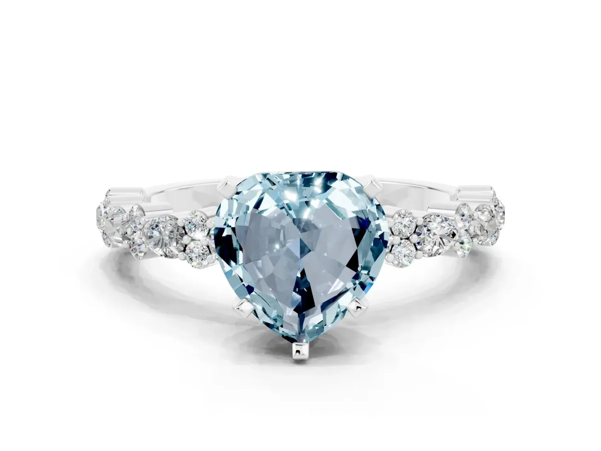 Heart Cut Aquamarine Side Stone Solitaire Ring with Round and Four-Prong Setting Platinum