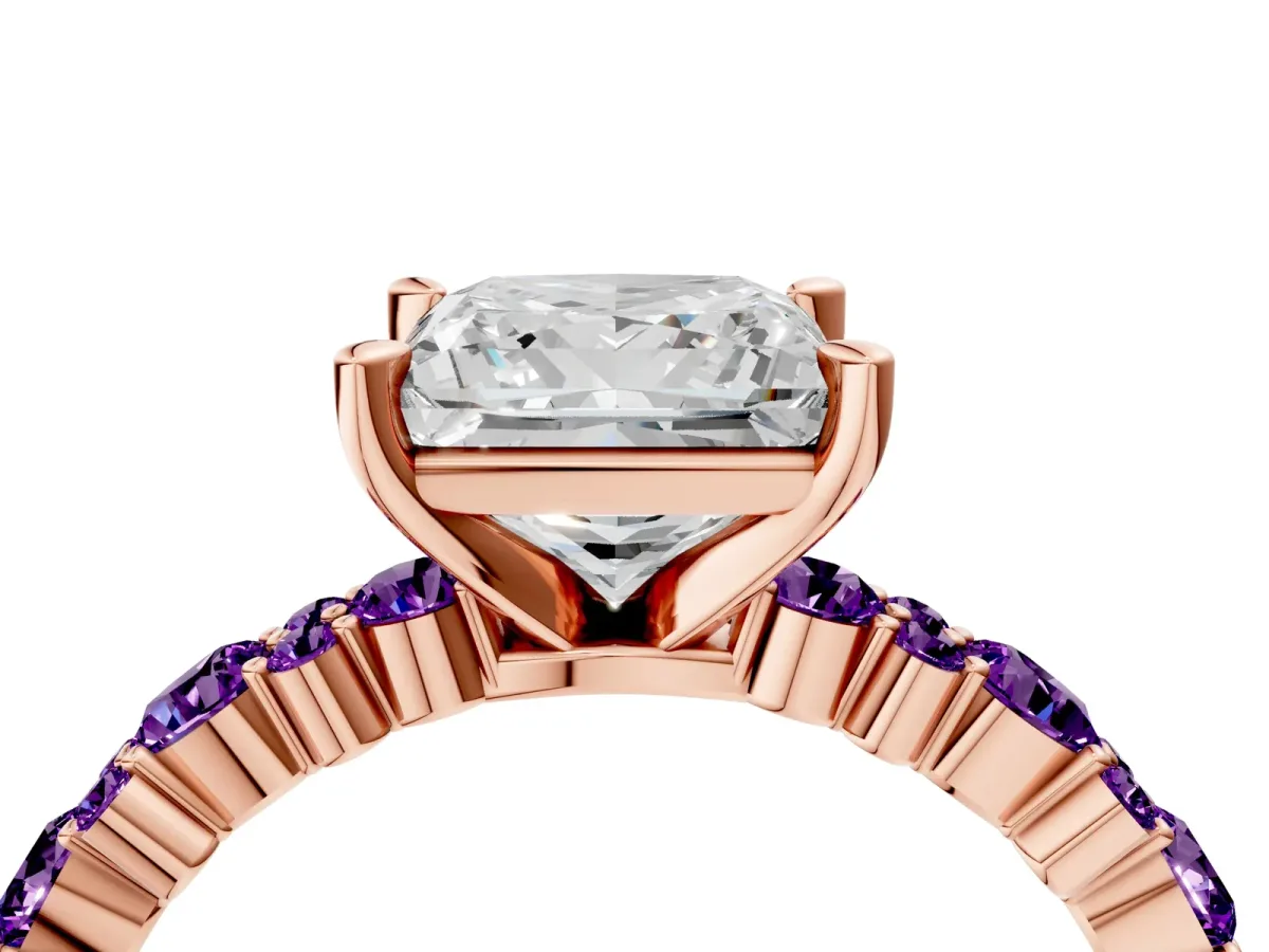 Princess Cut Diamond Side Stone Solitaire Ring with Round Amethyst and Four-Prong Setting Rose gold