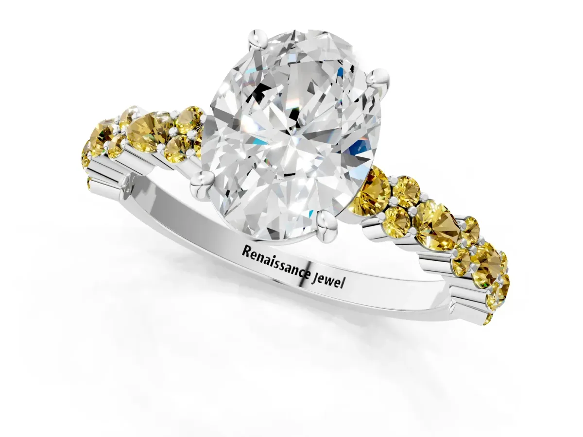 Oval Cut Diamond Side Stone Solitaire Ring with Round Yellow Sapphire and Four-Prong Setting White gold