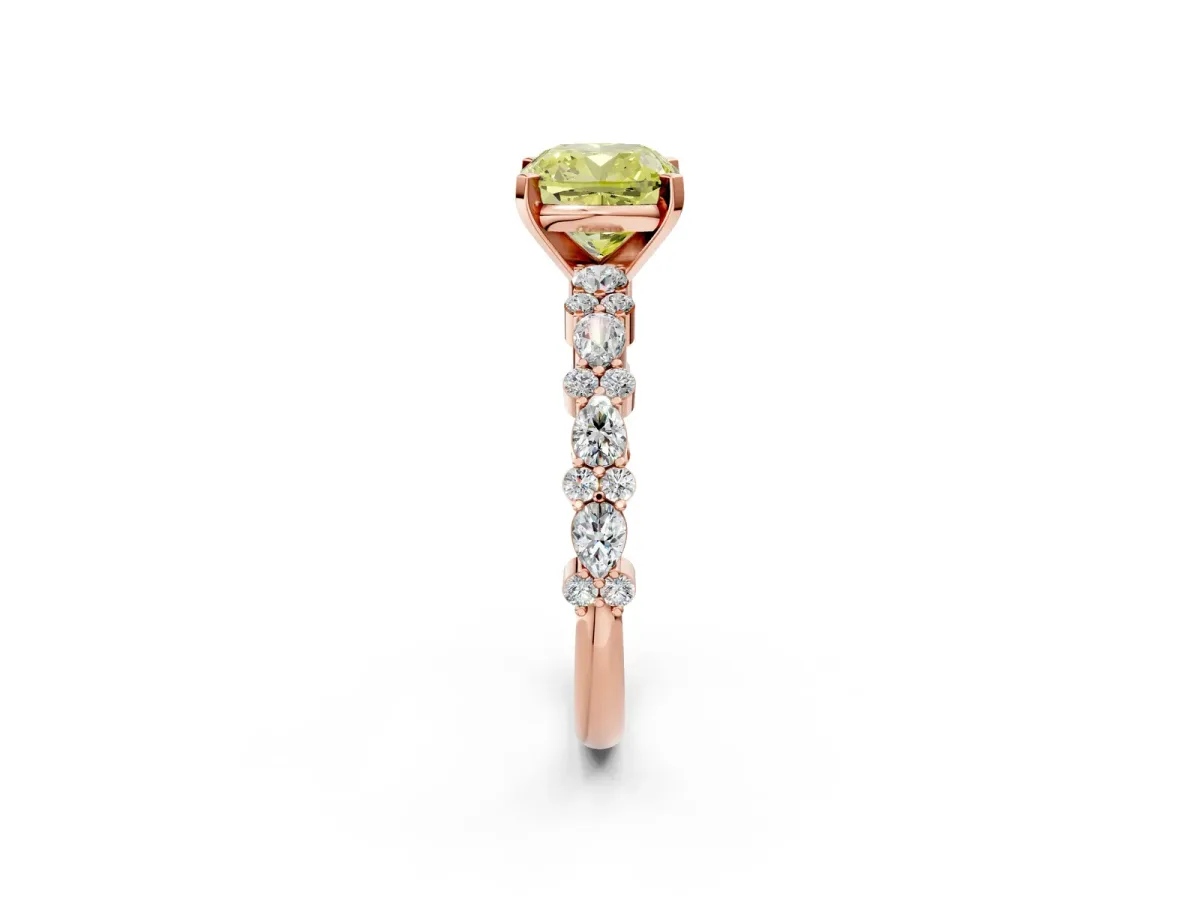Fancy Yellow Cushion Cut Diamond Side Stone Solitaire Ring with Round and Four-Prong Setting Rose gold