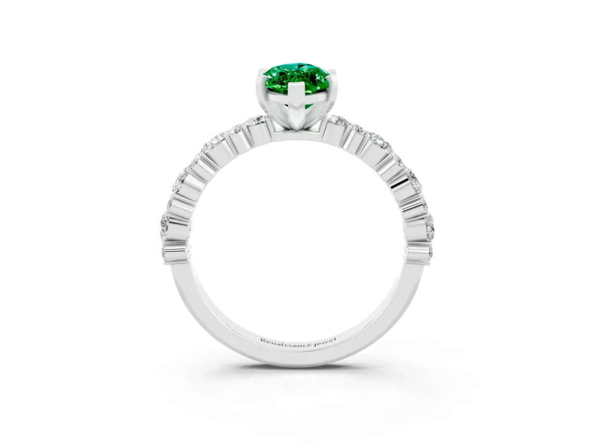 Marquise Cut Emerald Side Stone Solitaire Ring with Round and Four-Prong Setting White gold