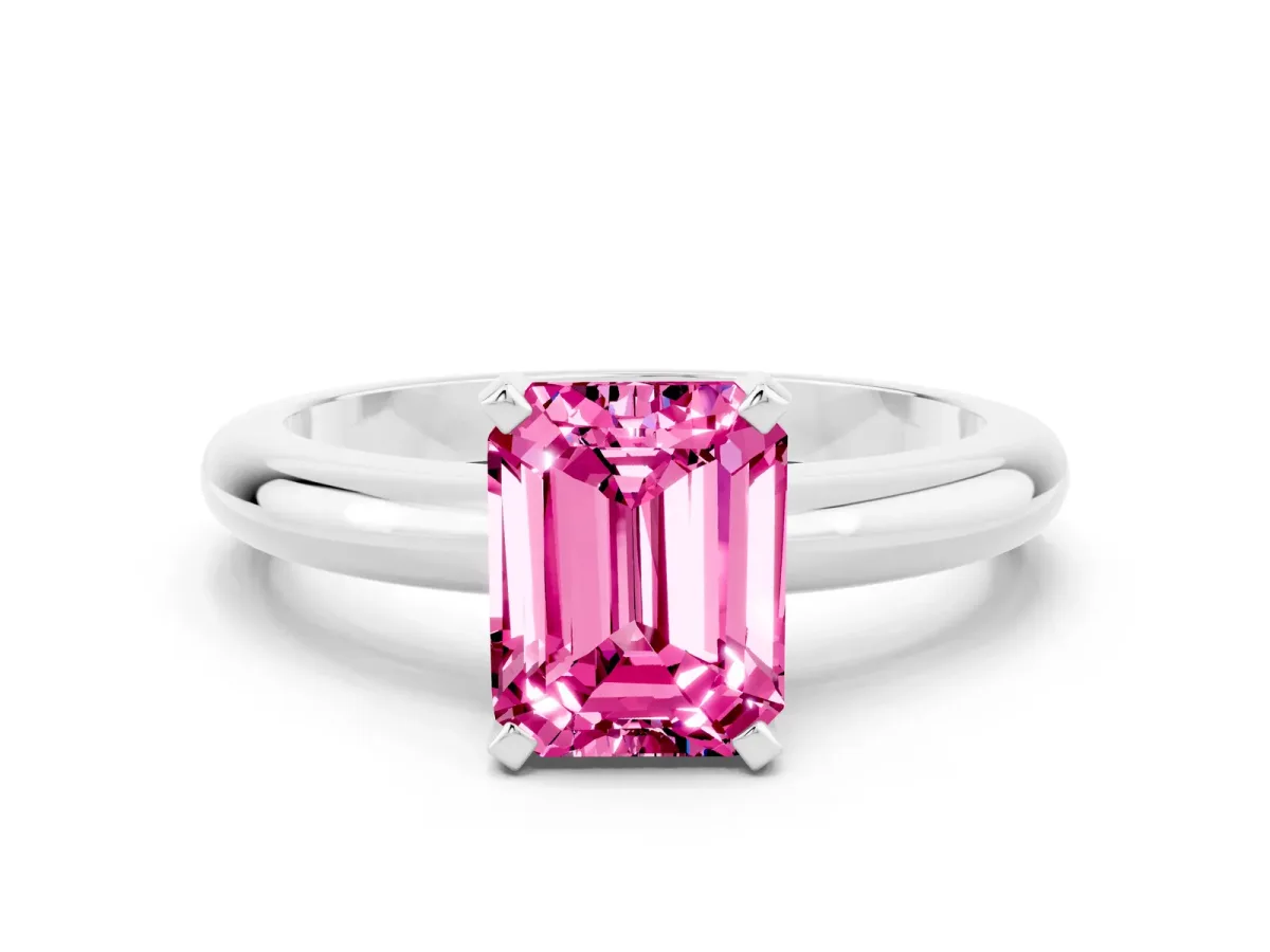 Emerald Cut Pink Sapphire Solitaire Engagement Ring with Round Band and Four-Prong Setting Silver