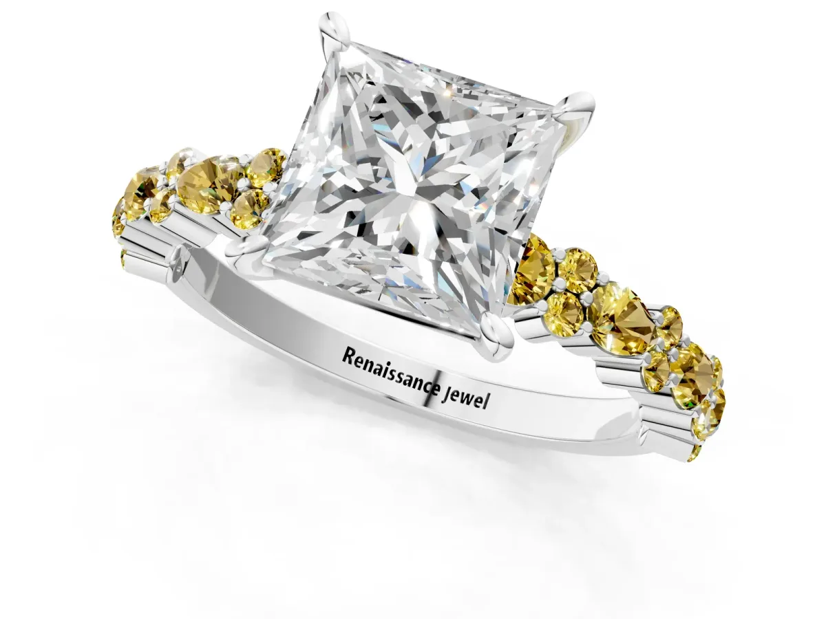Princess Cut Diamond Side Stone Solitaire Ring with Round Yellow Sapphire and Four-Prong Setting Platinum