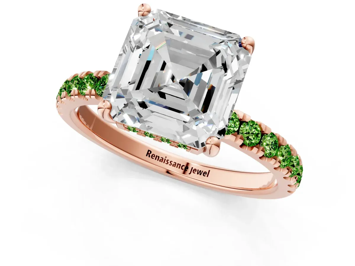 Asscher Cut Diamond Pave Band Solitaire Ring with Round Peridot and Prong Setting Rose gold