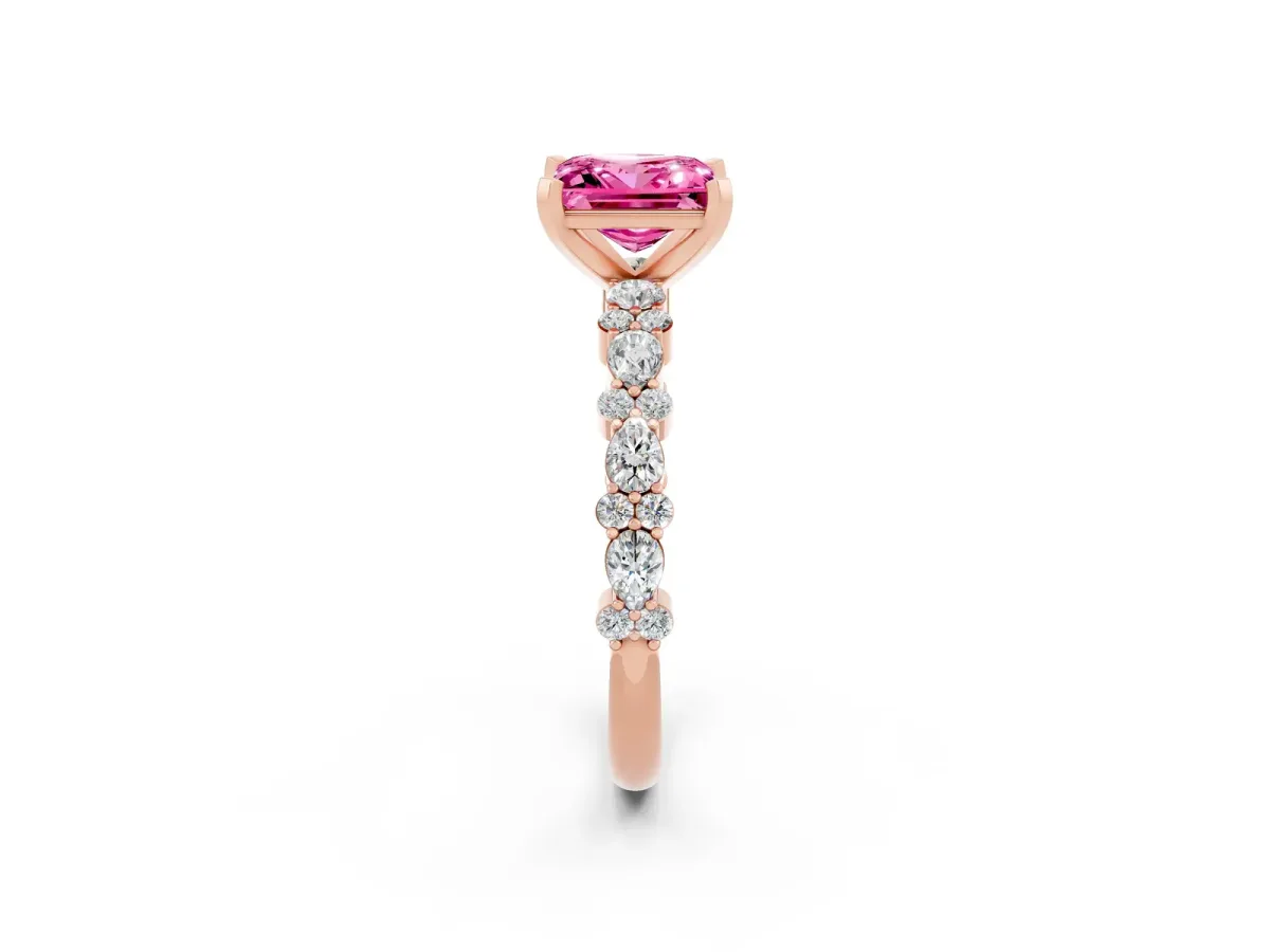 Princess Cut Pink Sapphire Side Stone Solitaire Ring with Round and Four-Prong Setting Rose gold