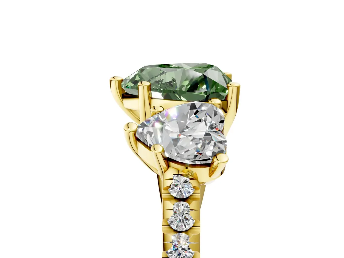 Fancy Green Three-Stone Heart Cut Diamond Ring with Round Pavé Band and Prong Setting Yellow gold