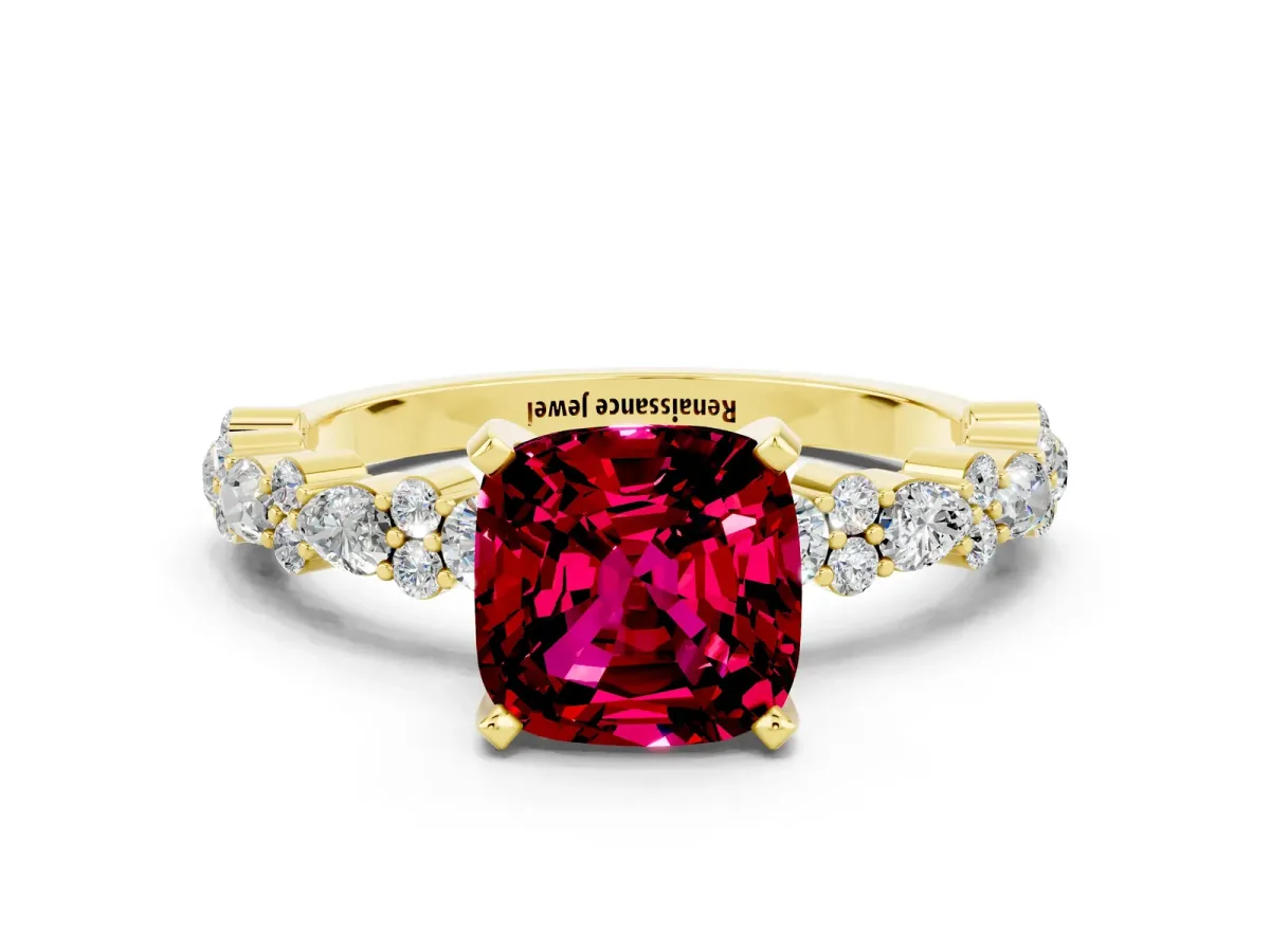 Cushion Cut Garnet Side Stone Solitaire Ring with Round and Four-Prong Setting Yellow gold