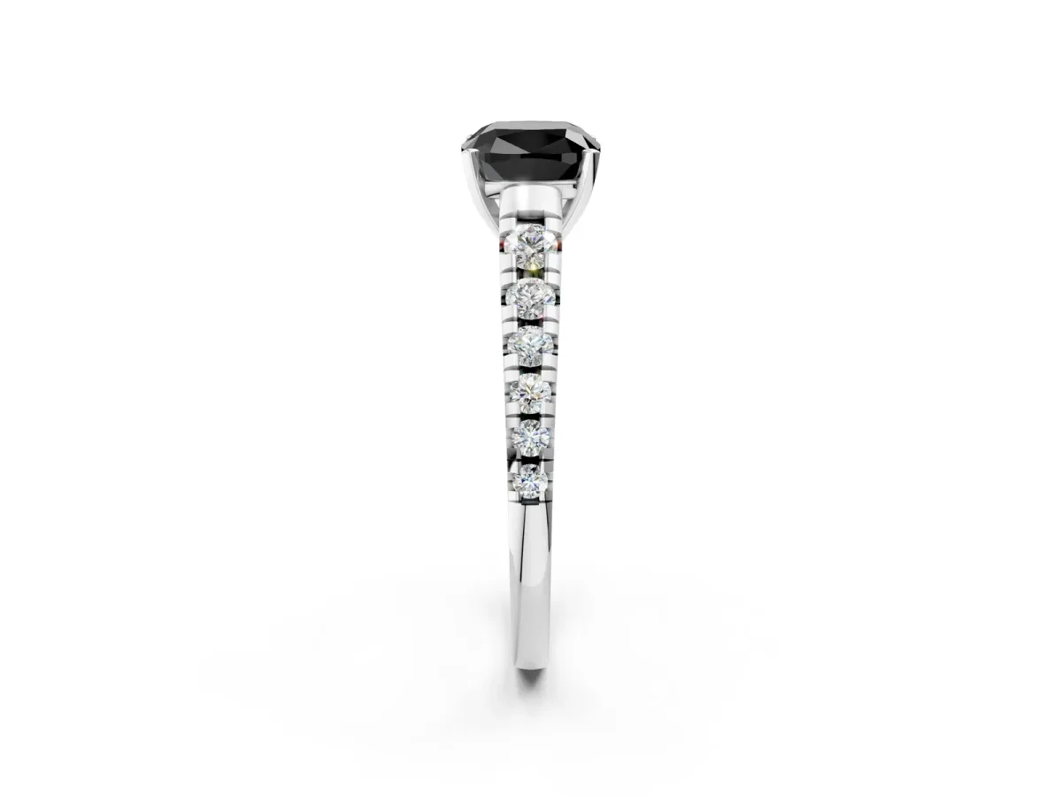 Fancy Black Cushion Cut Diamond Cathedral Solitaire Ring with Round Pavé Band Platinum