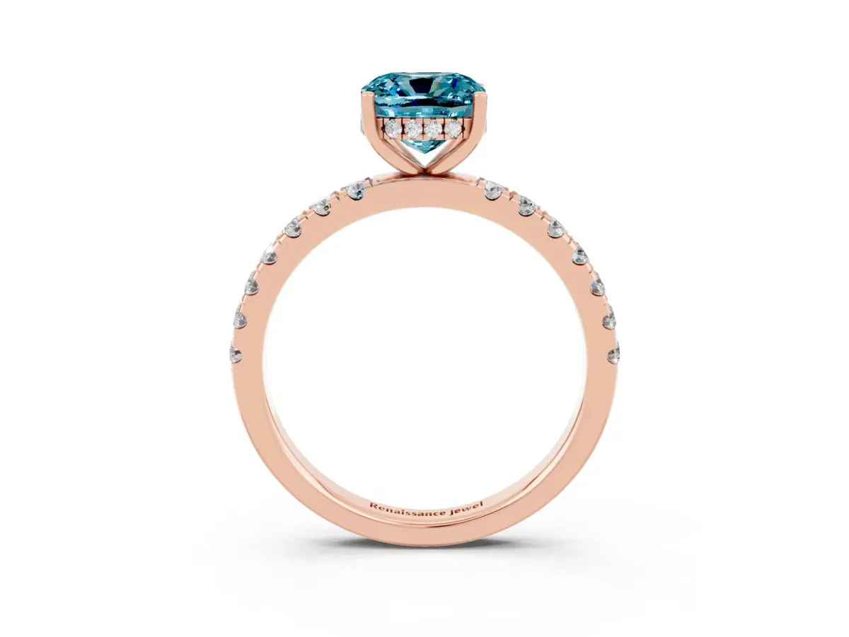 Cushion Cut Blue Topaz Pave Band Solitaire Ring with Round and Prong Setting Rose gold