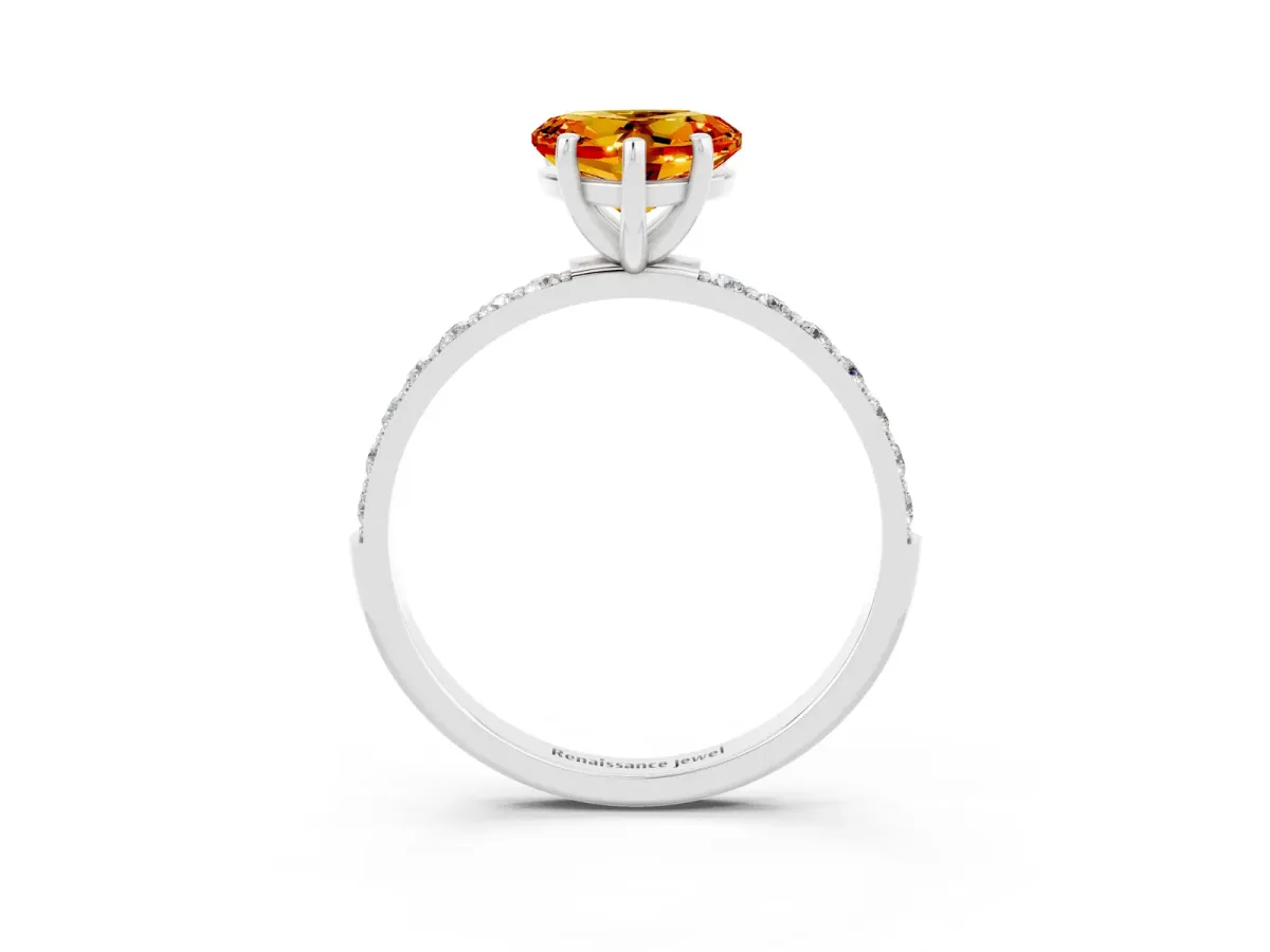 Heart Cut Citrine Solitaire Ring with Round Pavé Band and Prong Setting White gold