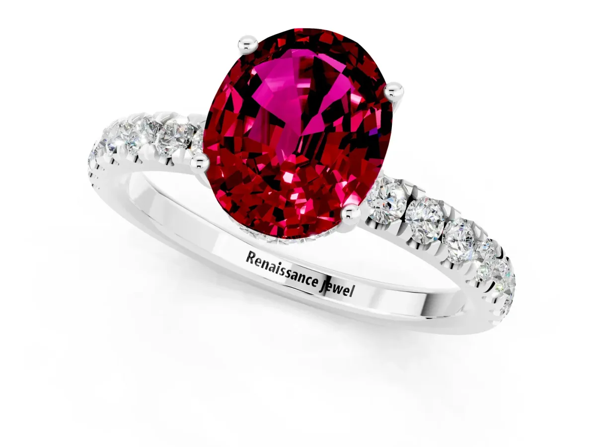 Oval Cut Garnet Pave Band Solitaire Ring with Round and Prong Setting White gold