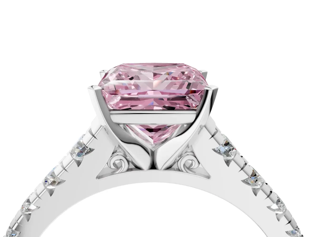 Fancy Pink Princess Cut Diamond Cathedral Solitaire Ring with Round Pavé Band Silver