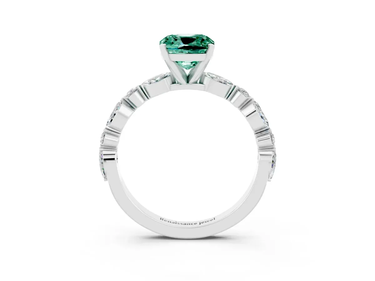 Cushion Cut Green Sapphire Ring with Marquise and Round Side Stones and Four-Prong Setting Silver