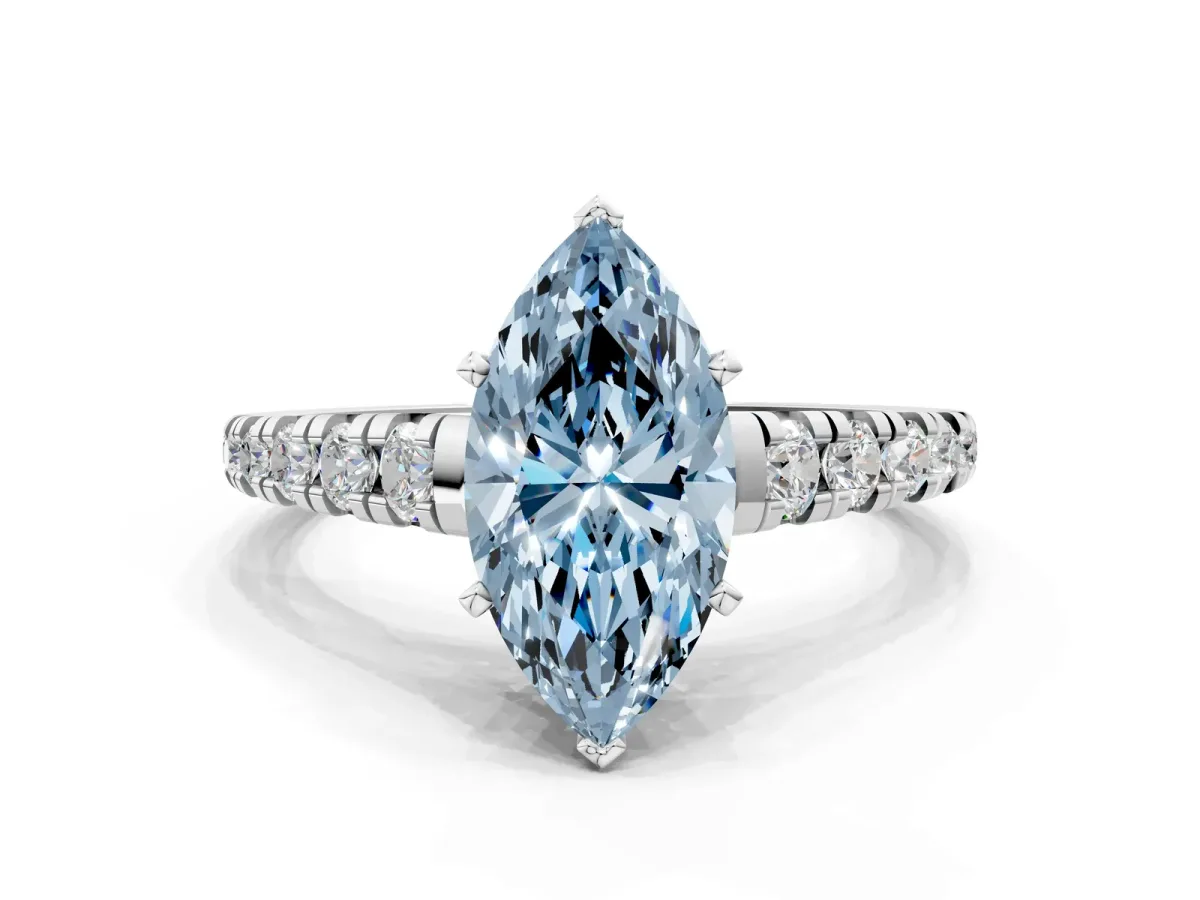 Fancy Blue Marquise Cut Diamond Cathedral Solitaire Ring with Round Pavé Band Platinum