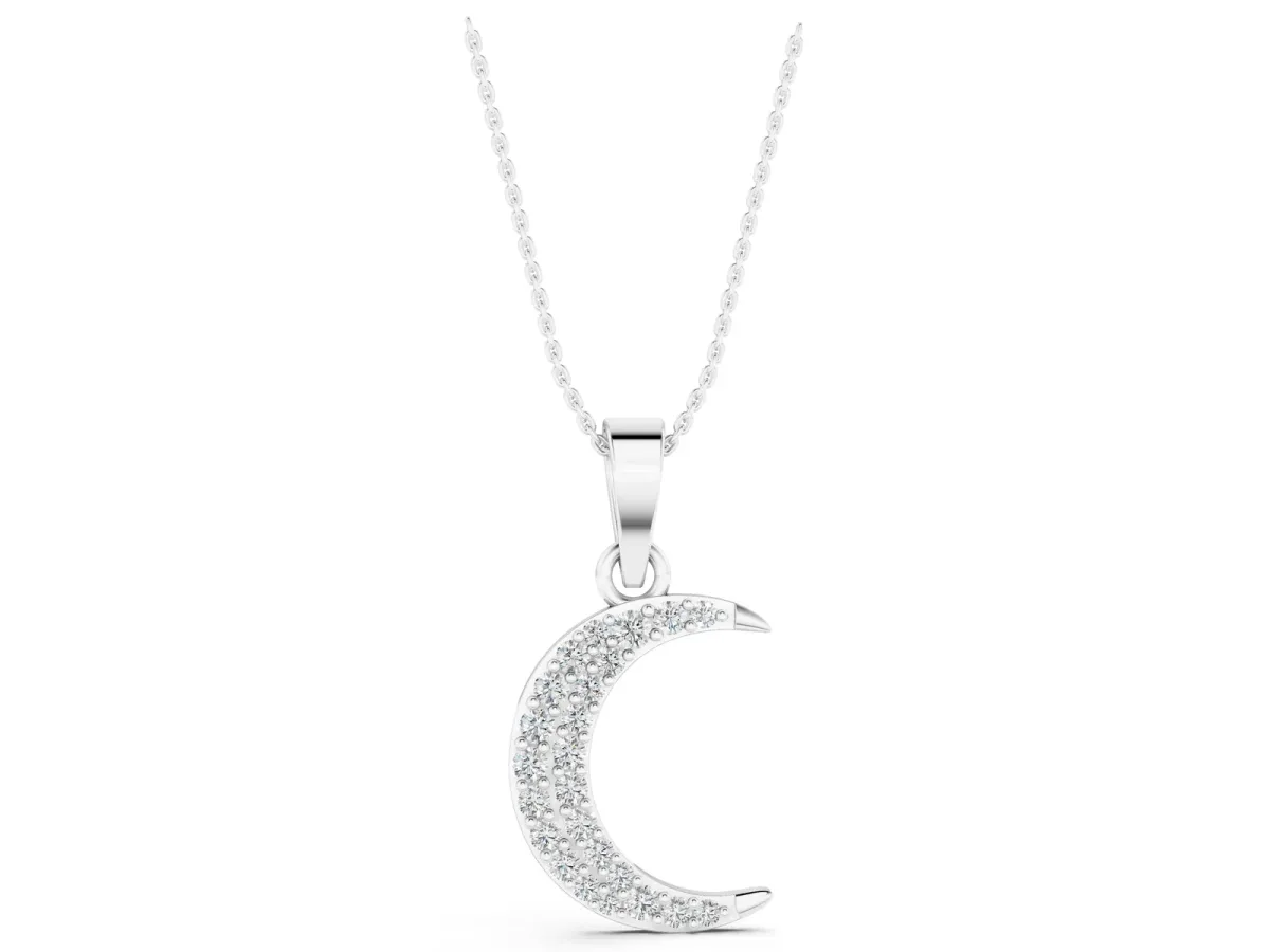 Pavé Round Diamond Crescent Pendant with Four-Prong Setting Silver